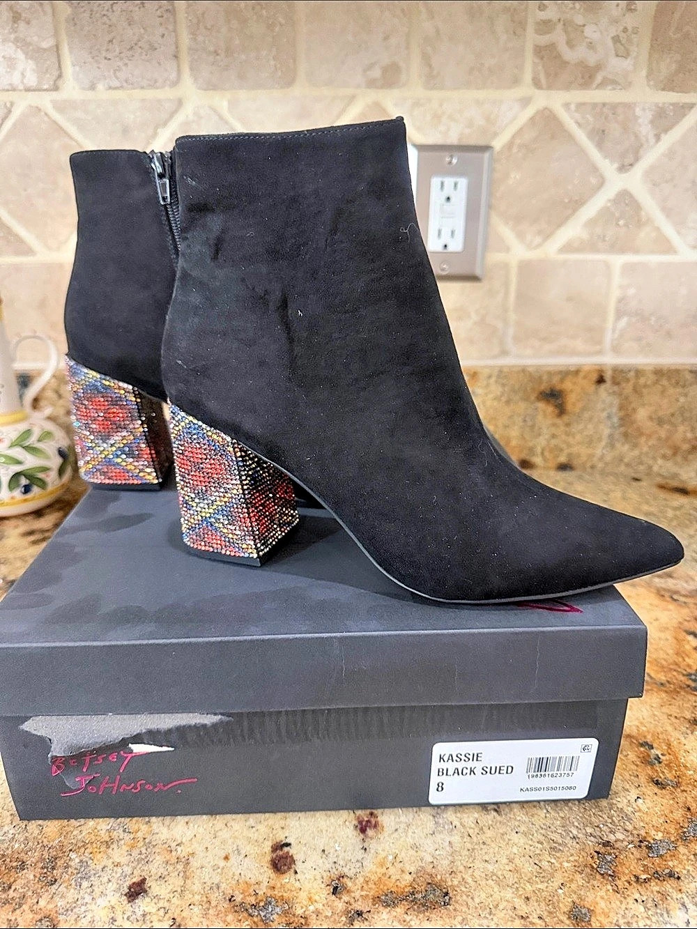 Betsey Johnson Kassie Rhinestone Heel Boots in faux suede Black US 8 NIB